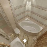 Дизайн светлой ванной комнаты с угловой ванной. Фото